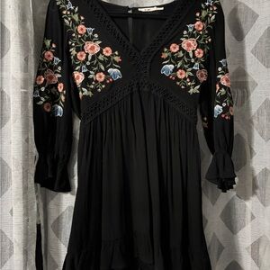 Black V-Neck Sun Dress with floral pattern
